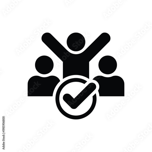 Three person figures with a central figure with raised arms and a black check mark and circle symbol.