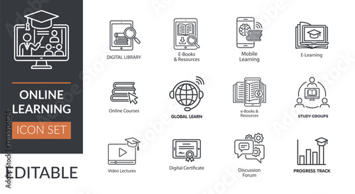 Online Learning Icon Set Editable Vector – E-learning, Digital Education and Training Line Icons