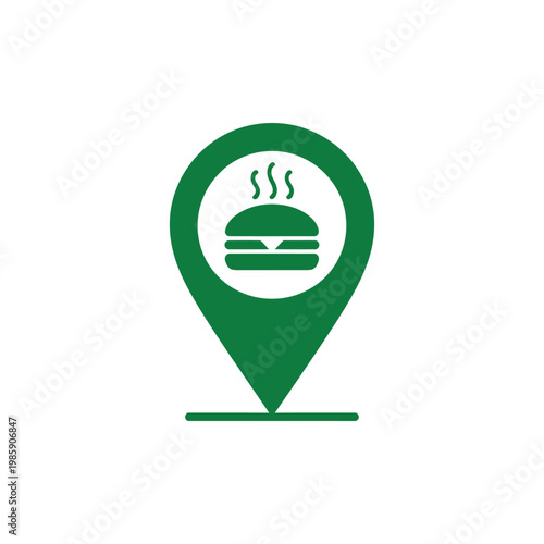 Green map location pointer with hamburger icon and steam effect indicating food destination.