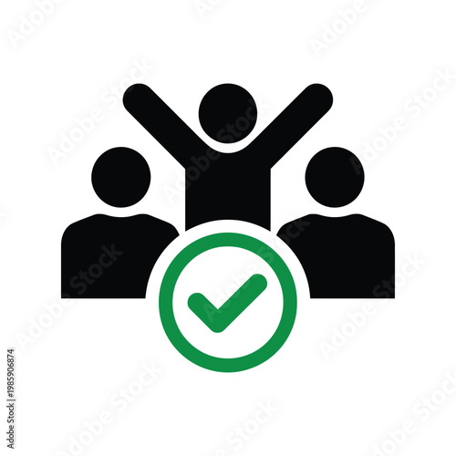 Group of people icons with one person celebrating with raised arms and green check mark symbol.