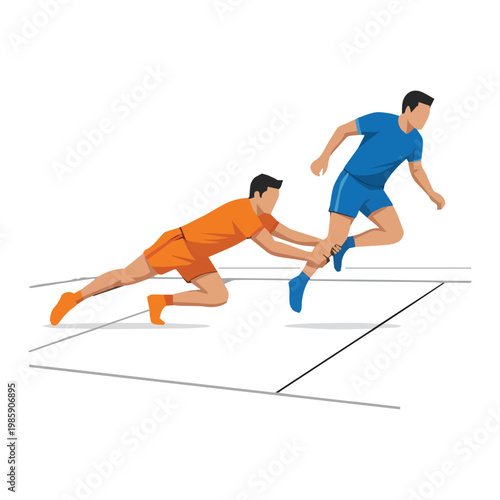 Rugby game illustration showing one player attempting to tackle another player during a match on a sports field
