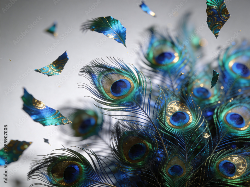 Obraz premium Peacock feather close up with vibrant colors and elegant pattern