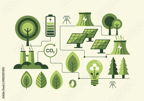 Flat Vector Illustration of Renewable Energy and Sustainability Ecosystem with Solar Panels, Green Technology, and Carbon Reduction Concepts