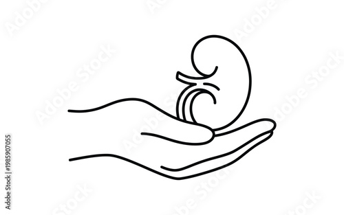 Continuous line drawing of hand holding kidney organ icon for medical insurance and healthcare support services graphic design.
