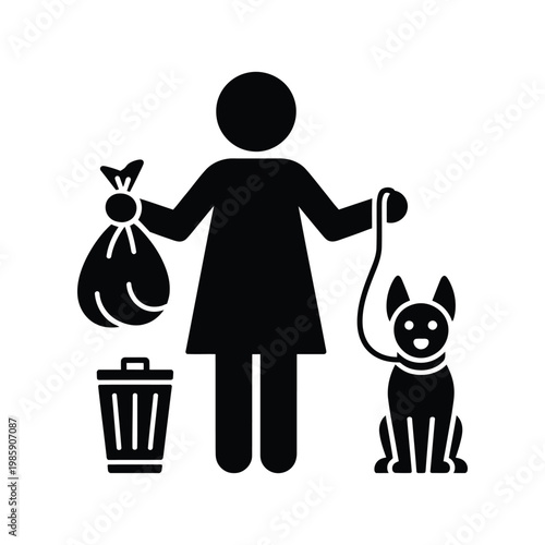Icon showing person with dog and trash bag near bin vector sign on transparent background for pet cleanup and waste awareness.