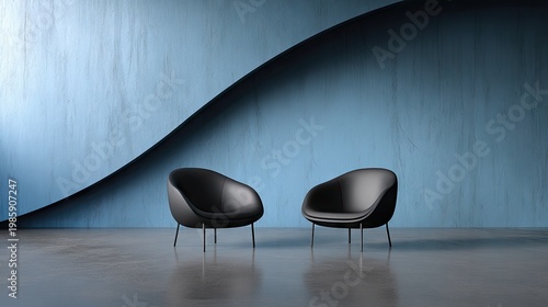 Modern minimalist black chairs against a textured blue wall in a contemporary setting