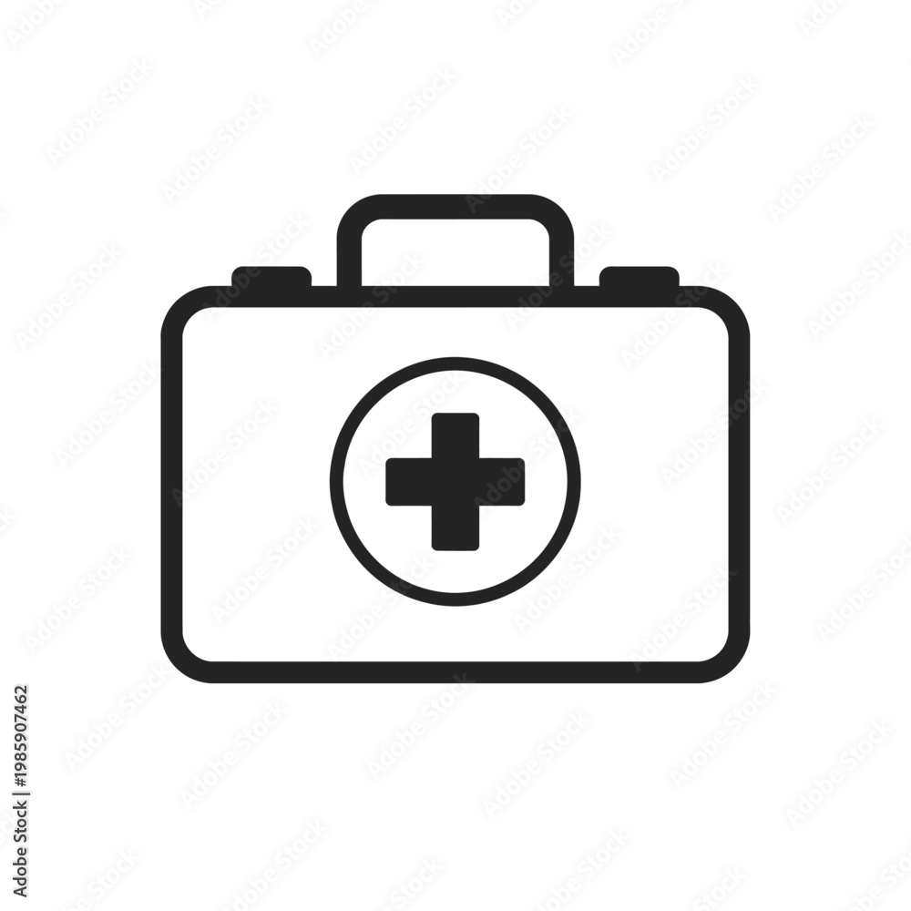 Fototapeta premium Essential First Aid Kit Icon: A sleek, minimalist black and white vector graphic depicting a vital medical emergency supply box with a prominent cross symbol, ideal for healthcare, safety, and urgent