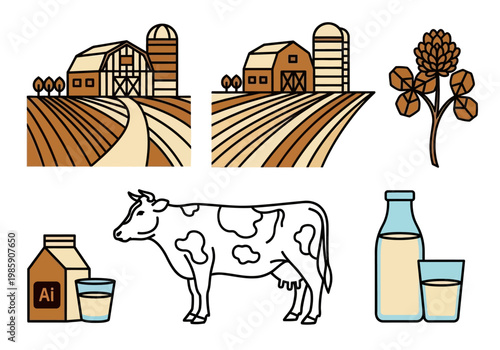 Dairy Farm and Milk Production Vector Icon Set - Agriculture, Cow, Barn, and Fresh Milk Illustrations