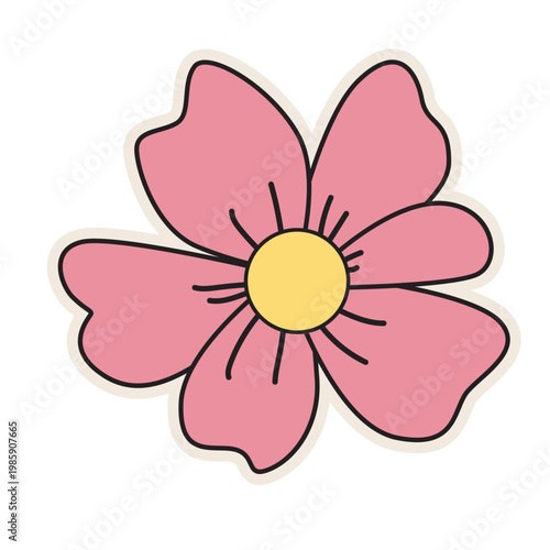 Pink flower with yellow center, retro nature symbol, vintage style, colorful vector illustration icon.