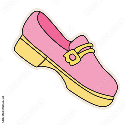 Pink loafer shoe with yellow sole, retro footwear, vintage fashion, colorful vector illustration icon.