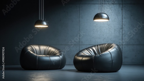 Modern black beanbag chairs under hanging lights against a concrete wall