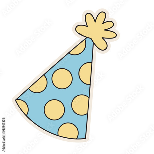 Blue polka dot party hat, retro accessory, vintage celebration, colorful vector icon.