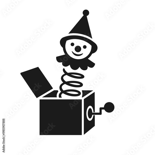Black silhouette icon of a classic jack-in-the-box toy. A smiling clown character, wearing a party hat, happily springs out from an open box on a coil. The box has a winding crank, symbolizing surpris