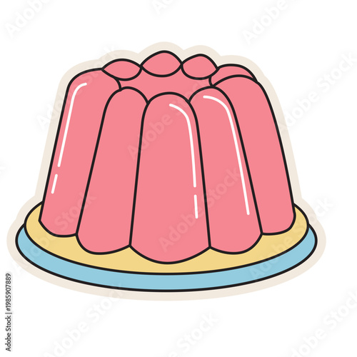 Pink jelly pudding dessert, retro sweet treat, vintage food, colorful vector icon.