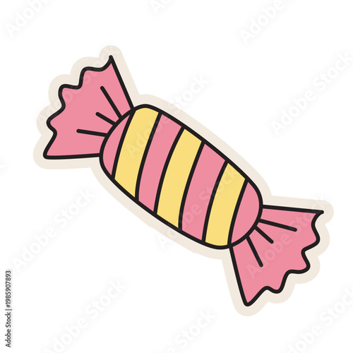 Pink and yellow wrapped candy, retro sweet treat, vintage dessert, colorful vector icon.