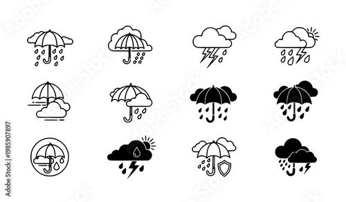 Umbrella and cloud logo set – rain and weather vector symbol collection