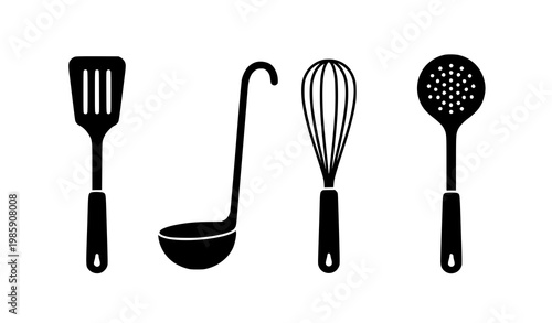 Kitchen utensils silhouette set – spatula, ladle, whisk and spoon vector