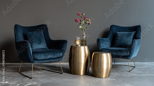 Elegant living room interior with velvet armchairs and gold accent furniture