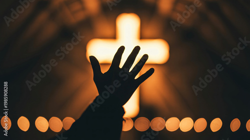 A silhouette of a hand reaching towards a glowing cross in a dark room