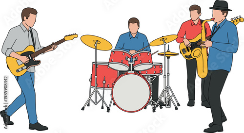 Jazz band musicians vector illustration with guitarist drummer and saxophonist live music performance concert collection set