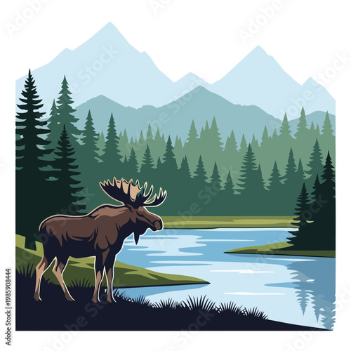 A majestic moose stands by a calm lake with a lush pine forest and towering mountains in the background, depicting the serene beauty and wild charm of a pristine natural landscape