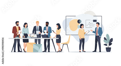 A group of diverse business professionals collaborates in a modern office, engaging in a presentation and group discussions around a table.