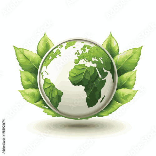 A globe enveloped by vibrant green leaves, symbolizing nature, sustainability, and environmental protection.