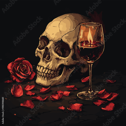 A hauntingly beautiful still life featuring a skull, wine glass, and rose petals, symbolizing life and death.