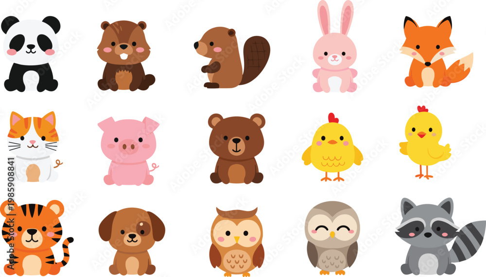 Fototapeta premium Cute Animal Characters Collection Including Panda, Fox, Tiger, Rabbit, and More