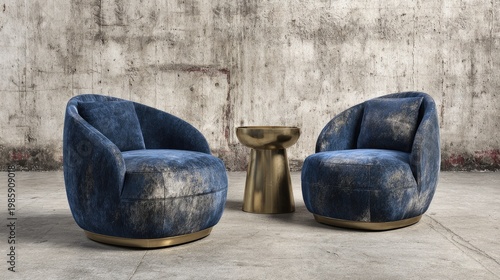 Modern blue armchairs and side table against concrete wall background
