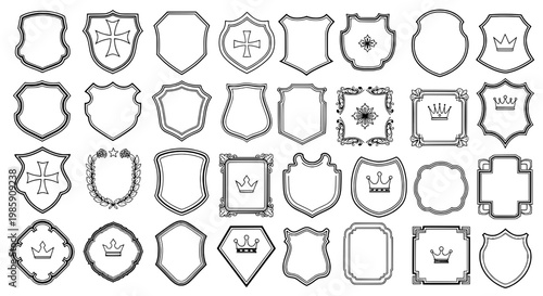 Shields crest icons set with outline badges, emblems, banners, and decorative frames for web and game UI design