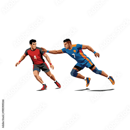 Two male athletes competing in a fast-paced game of kabaddi, showcasing agility and teamwork