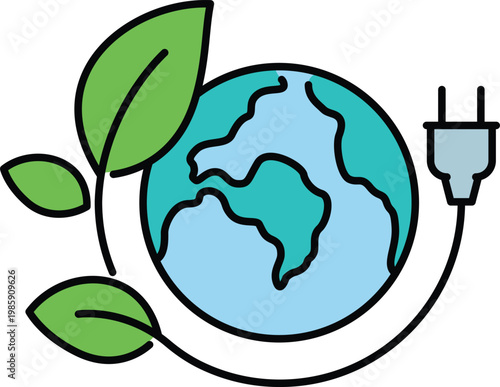 Planet earth globe with green leaves and electrical plug icon representing clean renewable energy in flat style.