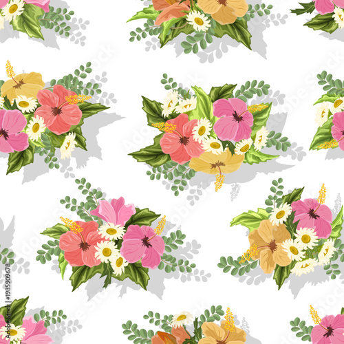 Bouquets of hibiscus and chamomile with shadow.Bouquets of hibiscus and chamomile on a white background in a vector pattern.