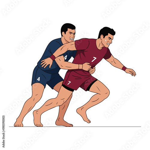 Illustration of two men playing a sport, one man is holding the other from behind