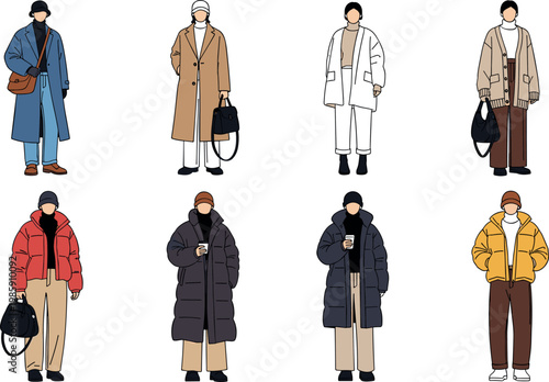 Men winter fashion vector collection with coats jackets casual outfits and cold weather clothing illustration set