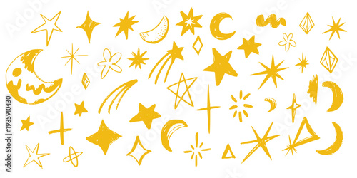 Golden celestial doodle set. Hand drawn stars, moon and cosmic symbols vector collection.