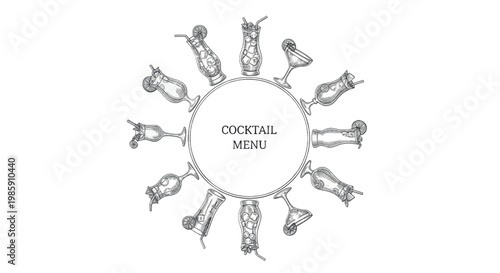 Cocktail menu, drink icons, vector illustrations, bar design elements, beverage graphics