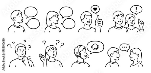 Communication and customer support line art icon set, conversation, question, operator, feedback / コミュニケーションとカスタマーサポートのアイコンイラストセット・会話、相談、質問、オペレーター、ベクター
