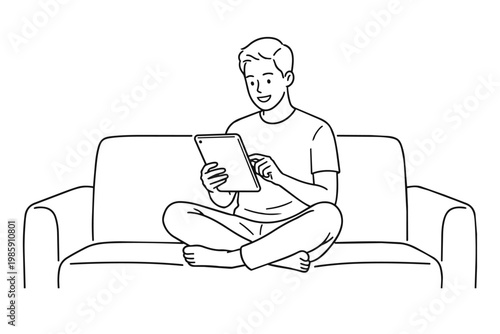 Man sitting on sofa using digital tablet icon, relax, home, internet, learning / ソファでタブレットを操作する男性のイラスト・リラックス、家、インターネット、学習