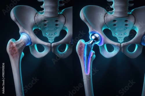 Normal hip joint and hemiarthroplasty prosthesis, showing natural anatomy versus implanted femoral component, educational medical illustration, generative ai illustration