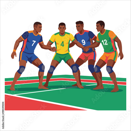 Four male athletes engaged in a competitive game of kabaddi on a vibrant green court