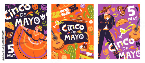 Set of event posters of Cinco de Mayo. Designs of traditional mexican carnival advertising. Festive templates of holiday party in Mexico with elements of culture on layouts. Flat vector illustrations