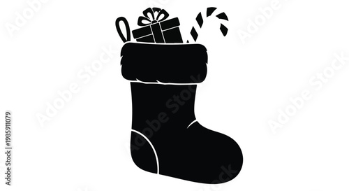 Christmas stocking with gifts and candy, holiday decoration, festive, black and white, illustration, seasonal, winter, tradition, celebration, cheerful