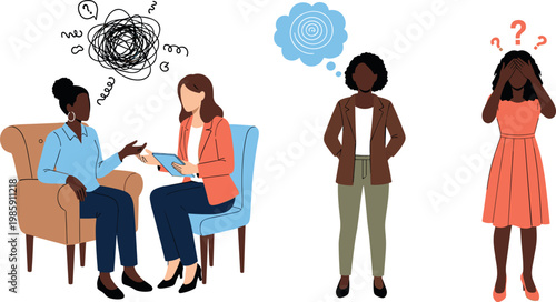Mental health therapy vector set with counseling session anxiety confusion stress and emotional support illustration collection
