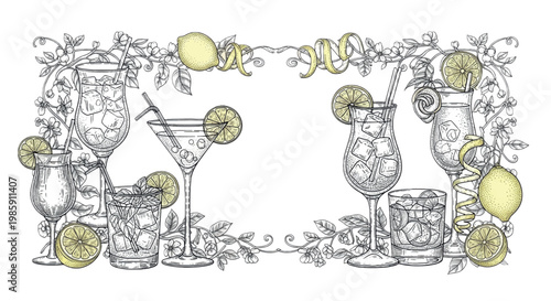 Cocktail glasses, citrus fruits, and leaves, hand-drawn vector illustration, barware, drinkware
