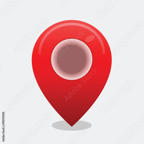 A red map pin icon with a circular hole in the center on a white background