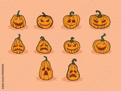 Halloween Pumpkin Set Jack O Lantern Collection Hand Drawn Vector Illustration