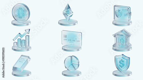 3D Glass Finance Cryptocurrency Icon Set — Frosted Glassmorphism Bitcoin Wallet Bank Chart Icons Isolated White Background