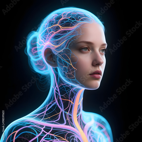 Woman with glowing blue and pink vascular system illustration  